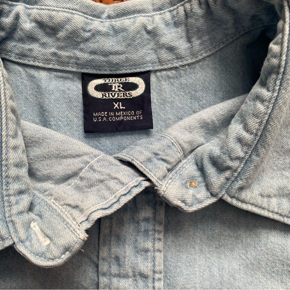 Light Blue Denim Button Down with Floral Embroidery on Chest - Picture 6 of 6